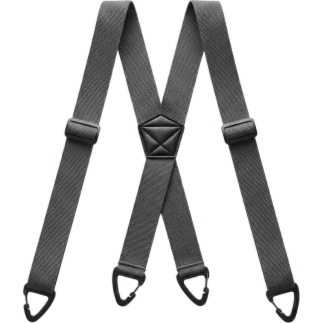 Grey X-back braces laid flat, with textured straps, black adjusters and four black clips 7