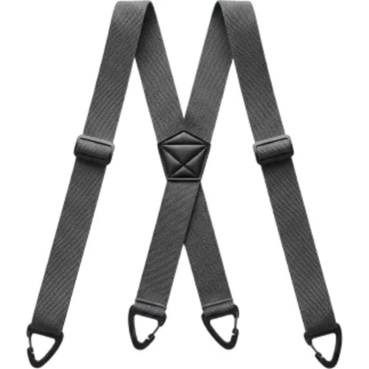 Grey X-back braces laid flat, with textured straps, black adjusters and four black clips 7
