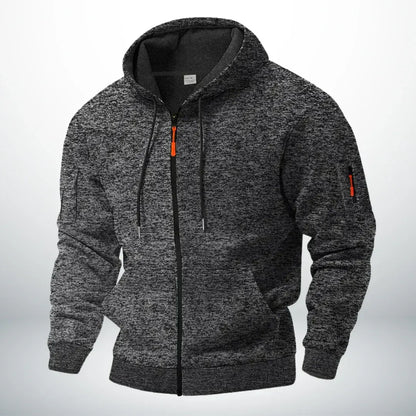 Front view of the hoodie in mottled dark grey, with front pockets and a zipped sleeve pocket 5