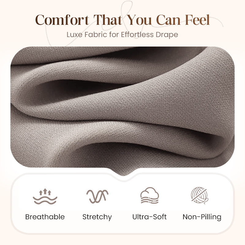 Close-up of soft taupe fabric in loose folds, with icons for breathable, stretchy, ultra-soft and non-pilling qualities. 3