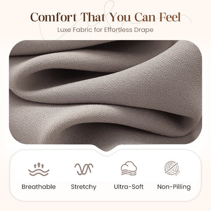 Close-up of soft taupe fabric in loose folds, with icons for breathable, stretchy, ultra-soft and non-pilling qualities. 3