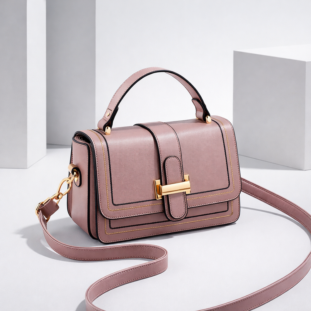 Dusky pink version of the bag at an angle on a bright studio set, with gold clasp and long strap curved in front. 7