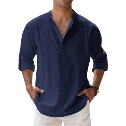Model wearing the navy blue Henley shirt with a stand collar, button neck and rolled sleeves. 5