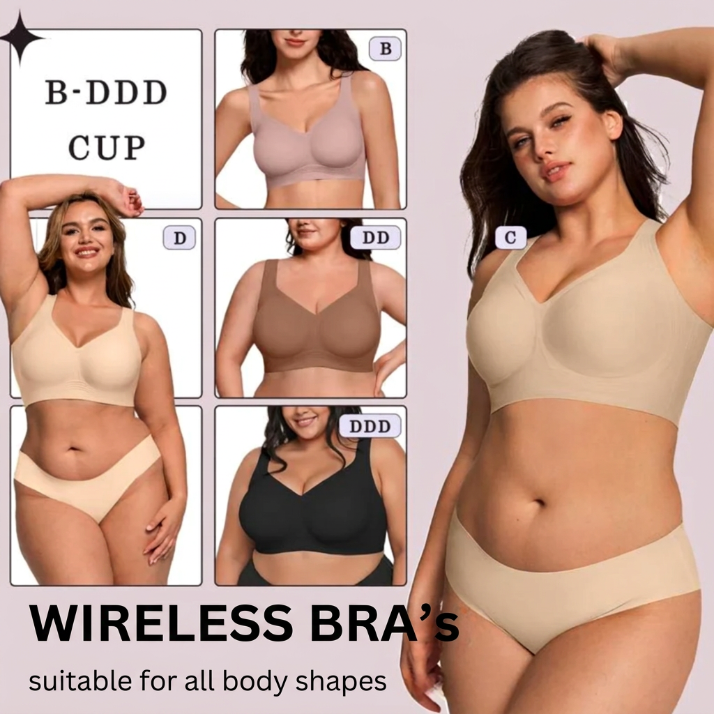 Collage of models in bras in beige, brown, mauve and black, showing a range of cup sizes 14