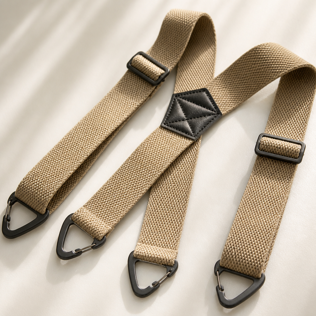 Pair of tan X-back suspenders laid out flat, showing woven elastic straps, black triangular clips, adjusters and a black leather-look centre patch. 5