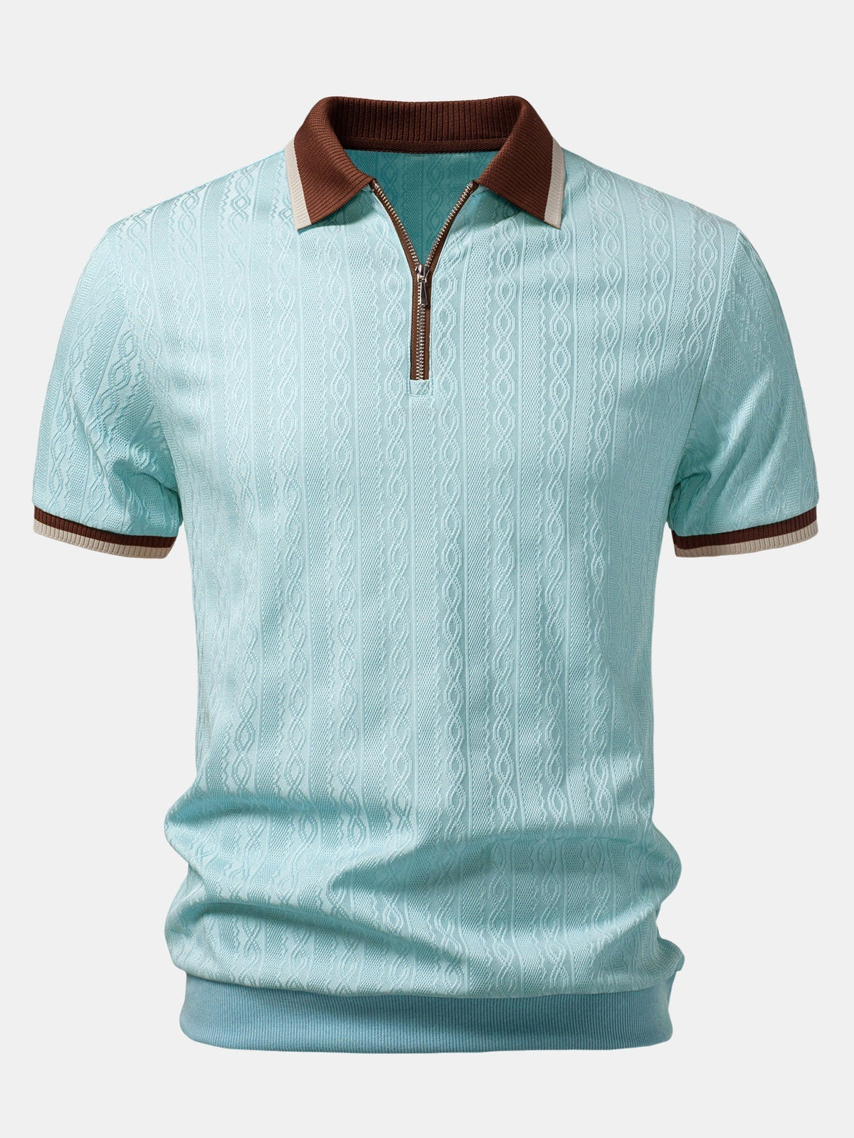 Front view of the pale blue version, with brown contrast collar, silver quarter zip and striped cuffs. 9