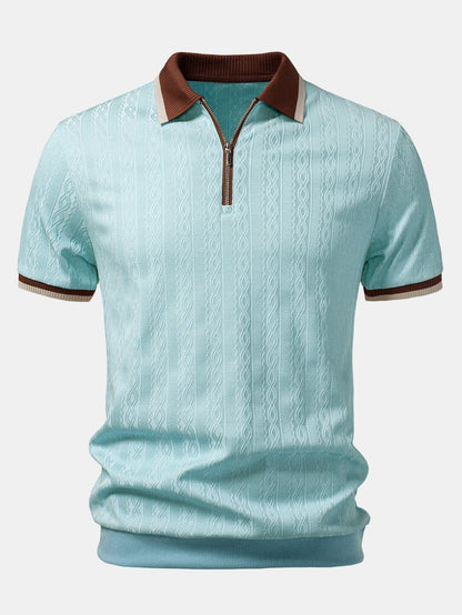 Front view of the pale blue version, with brown contrast collar, silver quarter zip and striped cuffs. 9