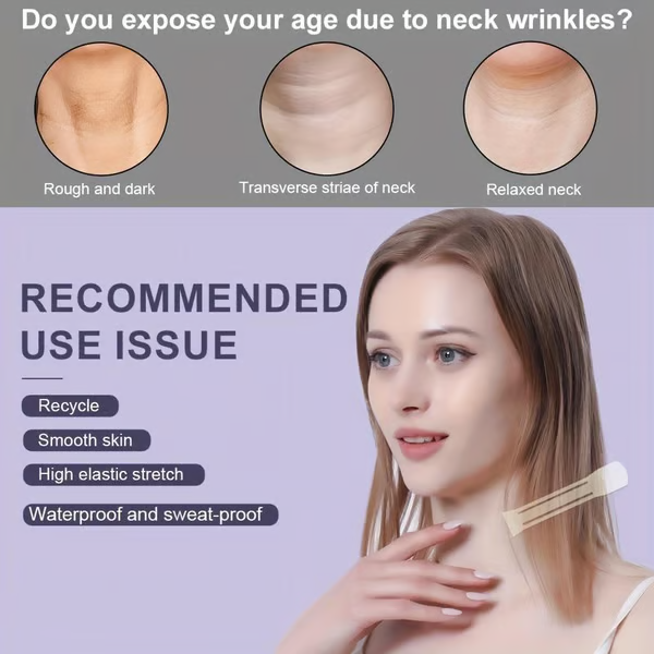 Infographic with three close-ups of neck skin concerns and a woman wearing a neck strip, listing benefits of the tape. 2