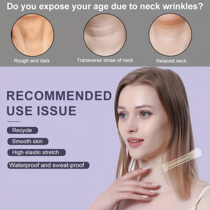 Infographic with three close-ups of neck skin concerns and a woman wearing a neck strip, listing benefits of the tape. 2