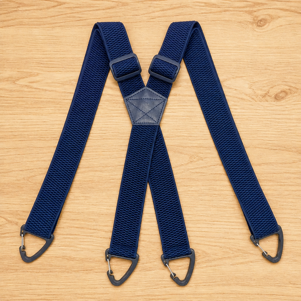 Navy blue X-back suspenders laid flat on a wooden surface, with adjusters near the centre patch and four dark clips. 12