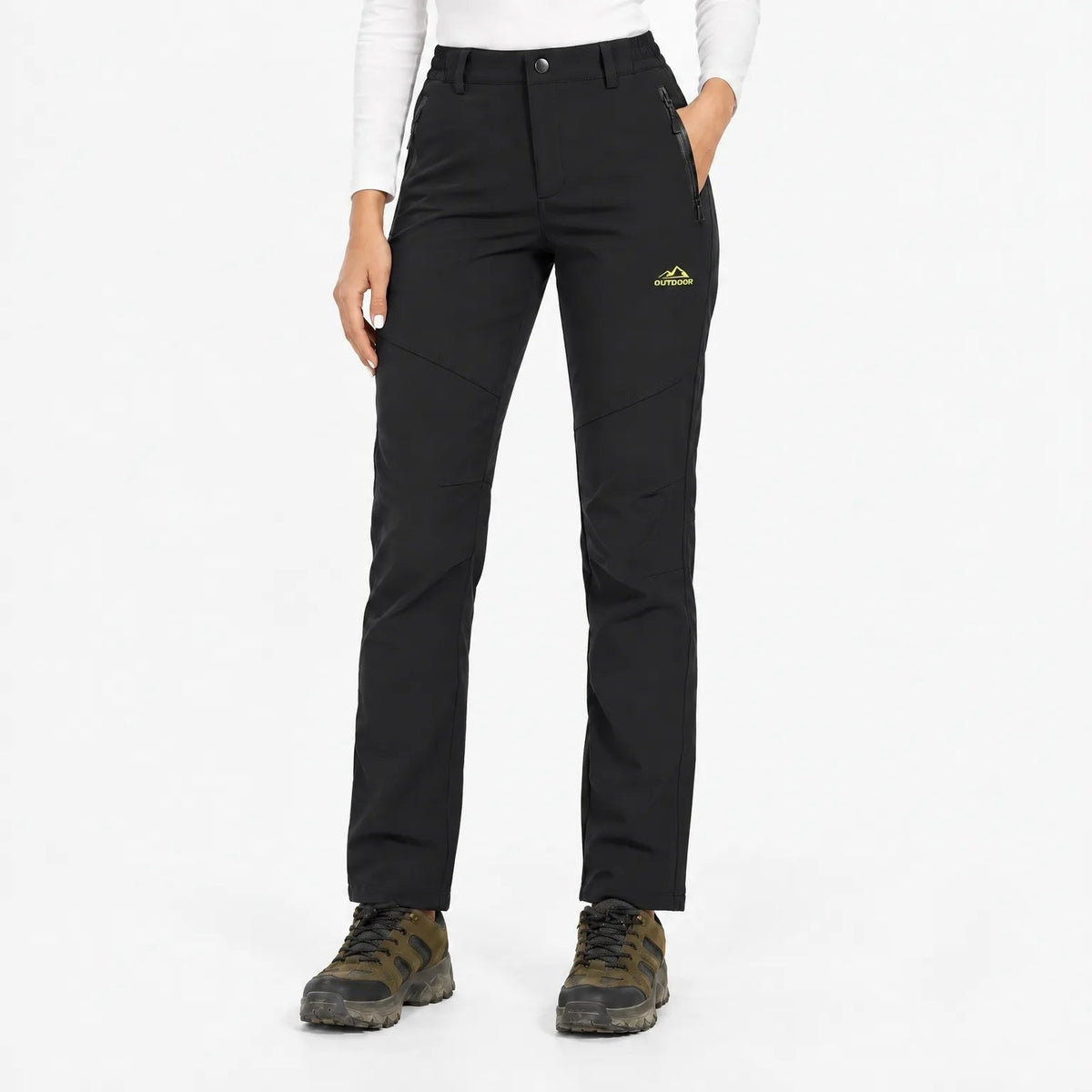 Front view of the trousers in black with zipped pockets and a small thigh logo 12