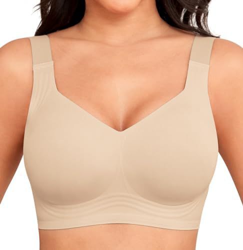 Beige seamless wireless bra with wide straps and ripple-lined band, worn by a model, front view 1