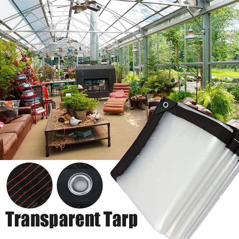 Corner of the clear tarpaulin with black woven border and metal eyelet in front of a bright conservatory-style room full of plants. 2