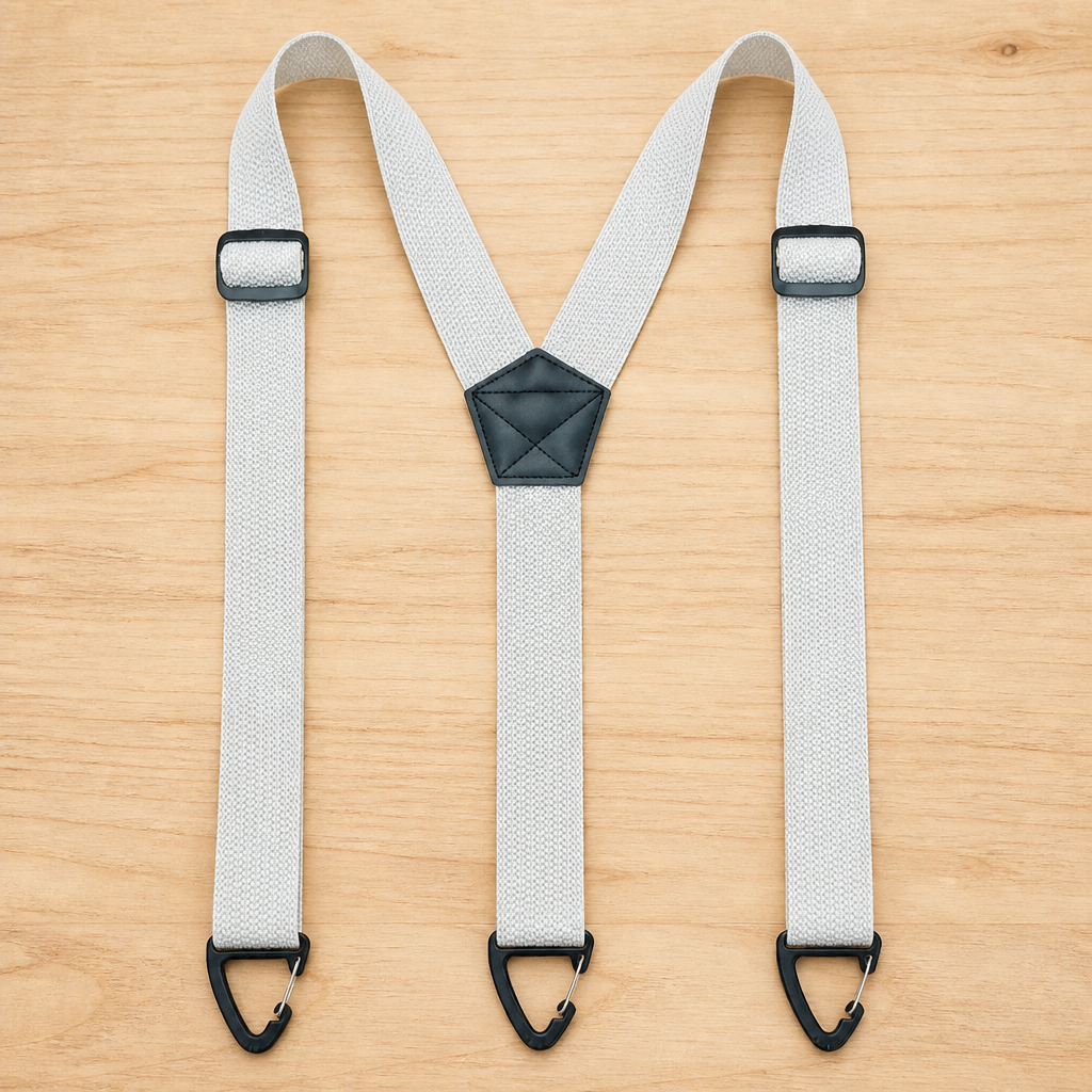 Light grey Y-back suspenders laid flat on a wooden surface, with black adjusters, centre patch and three triangular clips. 9