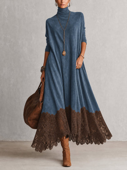 Full-length front view of the blue version with brown lace hem and tan boots 7