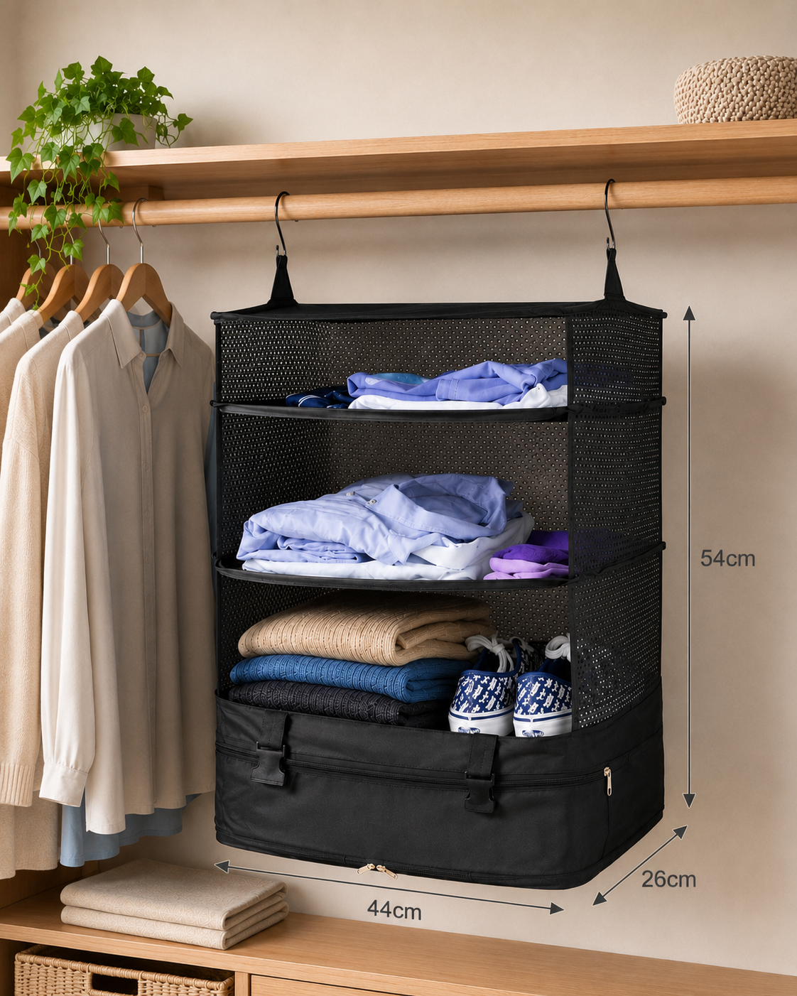 Organiser hung on a wardrobe rail, filled with clothes and shoes, with height, width and depth dimensions marked 7
