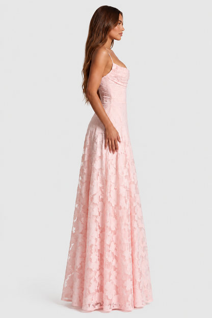 Side profile of the pale pink floral lace gown, showing the draped neckline, fitted bodice and sweeping A-line skirt. 7