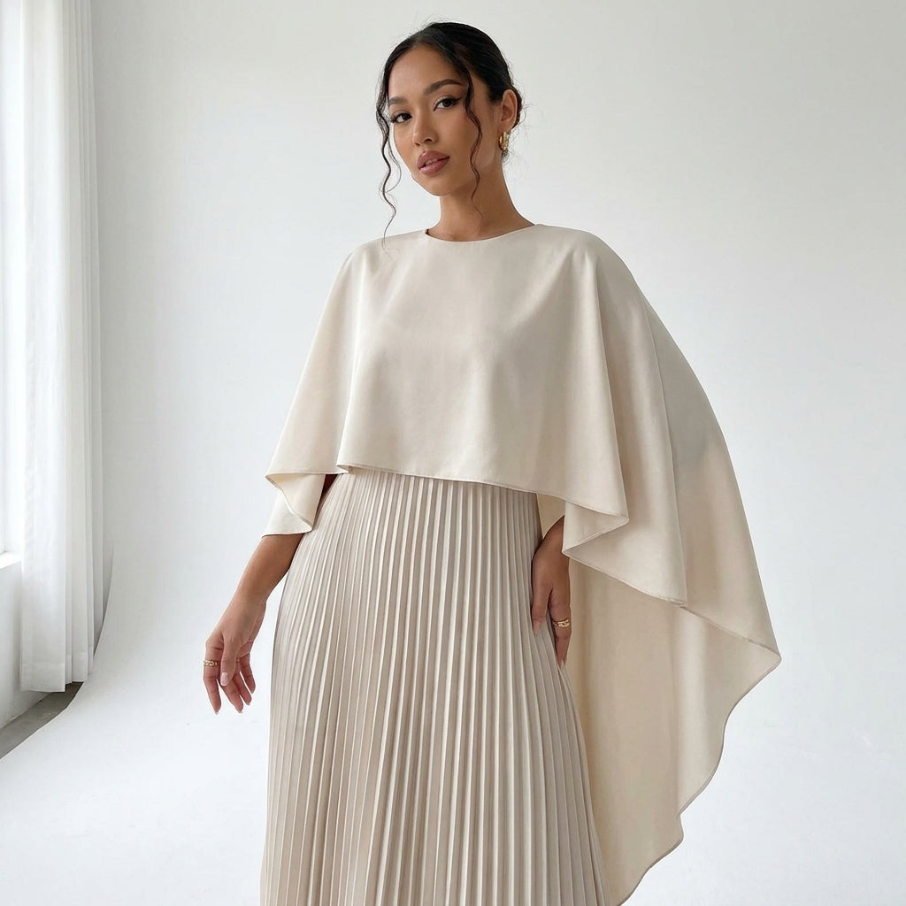 Close-up of a model wearing the cream dress, showing the high round neckline and asymmetric cape overlay 2