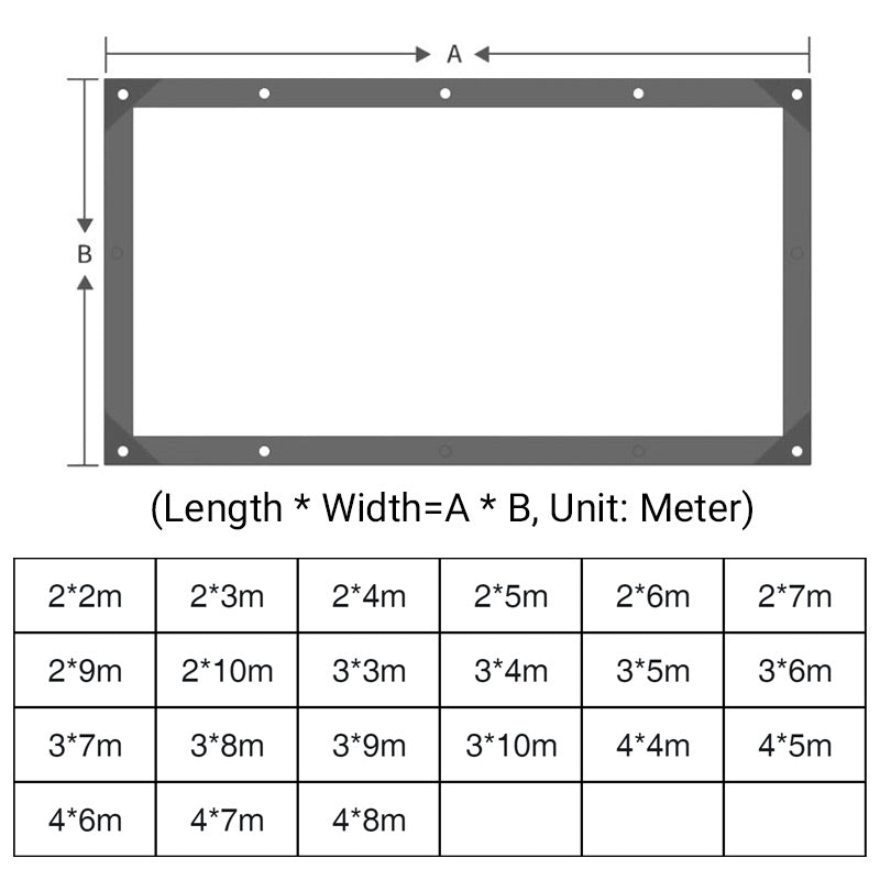 Diagram of a rectangular tarpaulin with eyelets marking length and width, above a table listing the available sizes in metres. 9