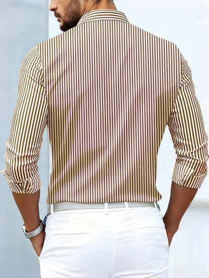 Back view of the brown and cream striped shirt on a model, showing plain vertical stripes across the back and sleeves. 6