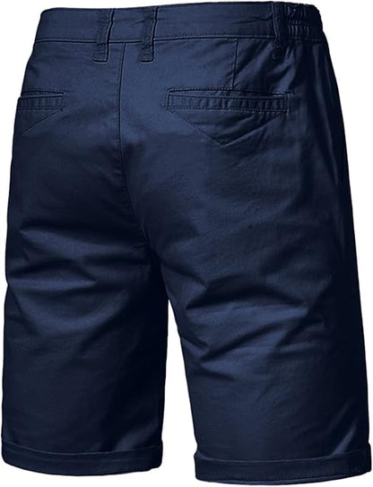 Back view of navy blue shorts showing two welt pockets, belt loops and rolled hems 11