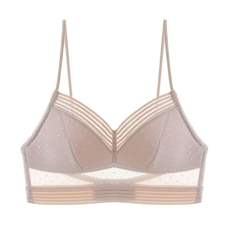 Second flat front view of the taupe bra, showing the striped trim and dotted mesh insets 11