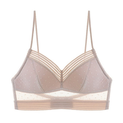 Second flat front view of the taupe bra, showing the striped trim and dotted mesh insets 11
