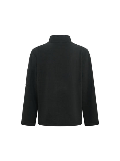 Back view of the black fleece jacket, plain with a stand collar and sleeve pocket 11