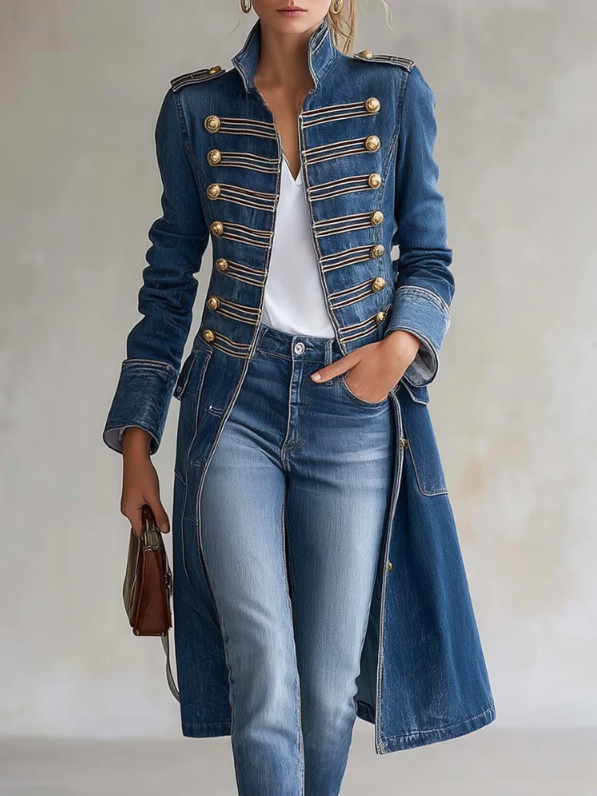 Model in the blue denim coat with gold buttons and braiding, worn open over a white top and jeans, holding a brown handbag. 1