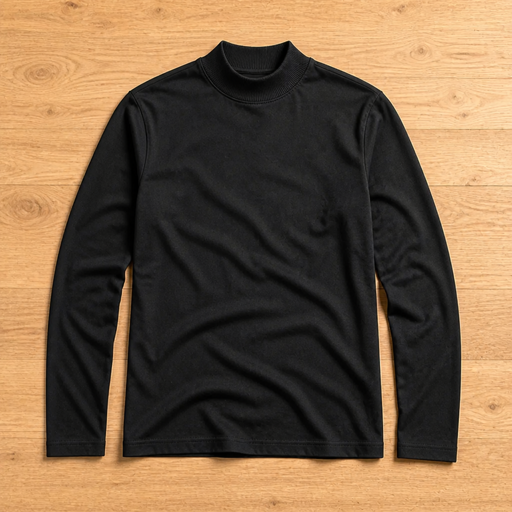Black long sleeve tee with ribbed high collar laid flat on a wooden floor, seen from the front. 7