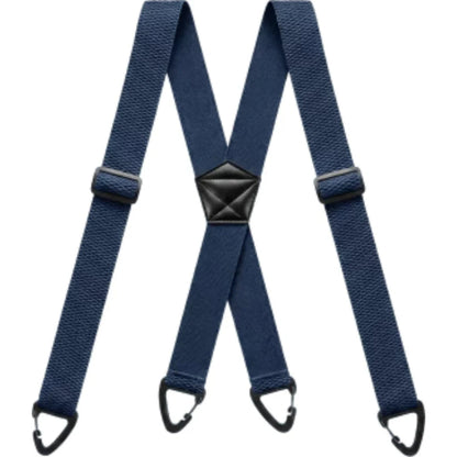 Navy blue X-back braces laid flat, with black adjusters, centre patch and four clips 5