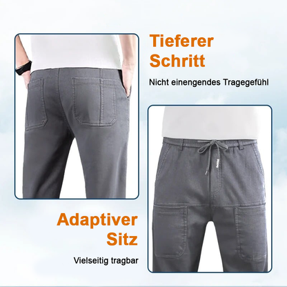 Grey trousers shown from the back pockets and the front drawstring waist, with German captions 16