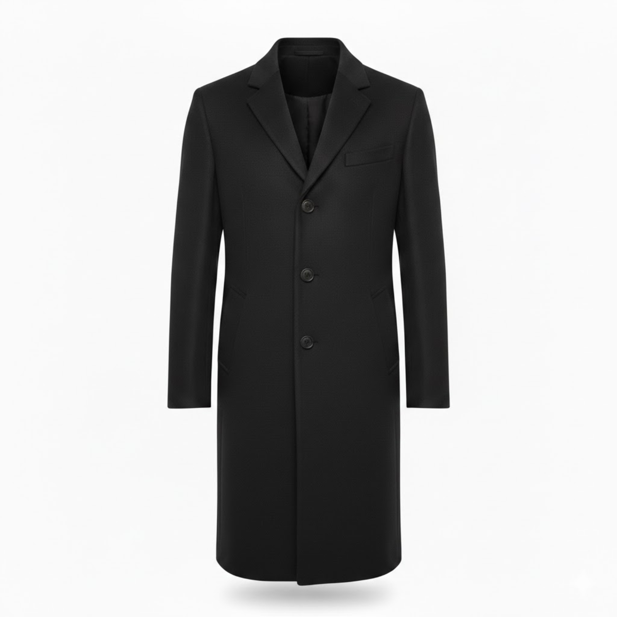 Front view of the coat in black, with notch lapel, three buttons and two angled hip pockets 4