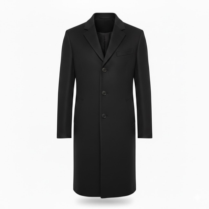 Front view of the coat in black, with notch lapel, three buttons and two angled hip pockets 4