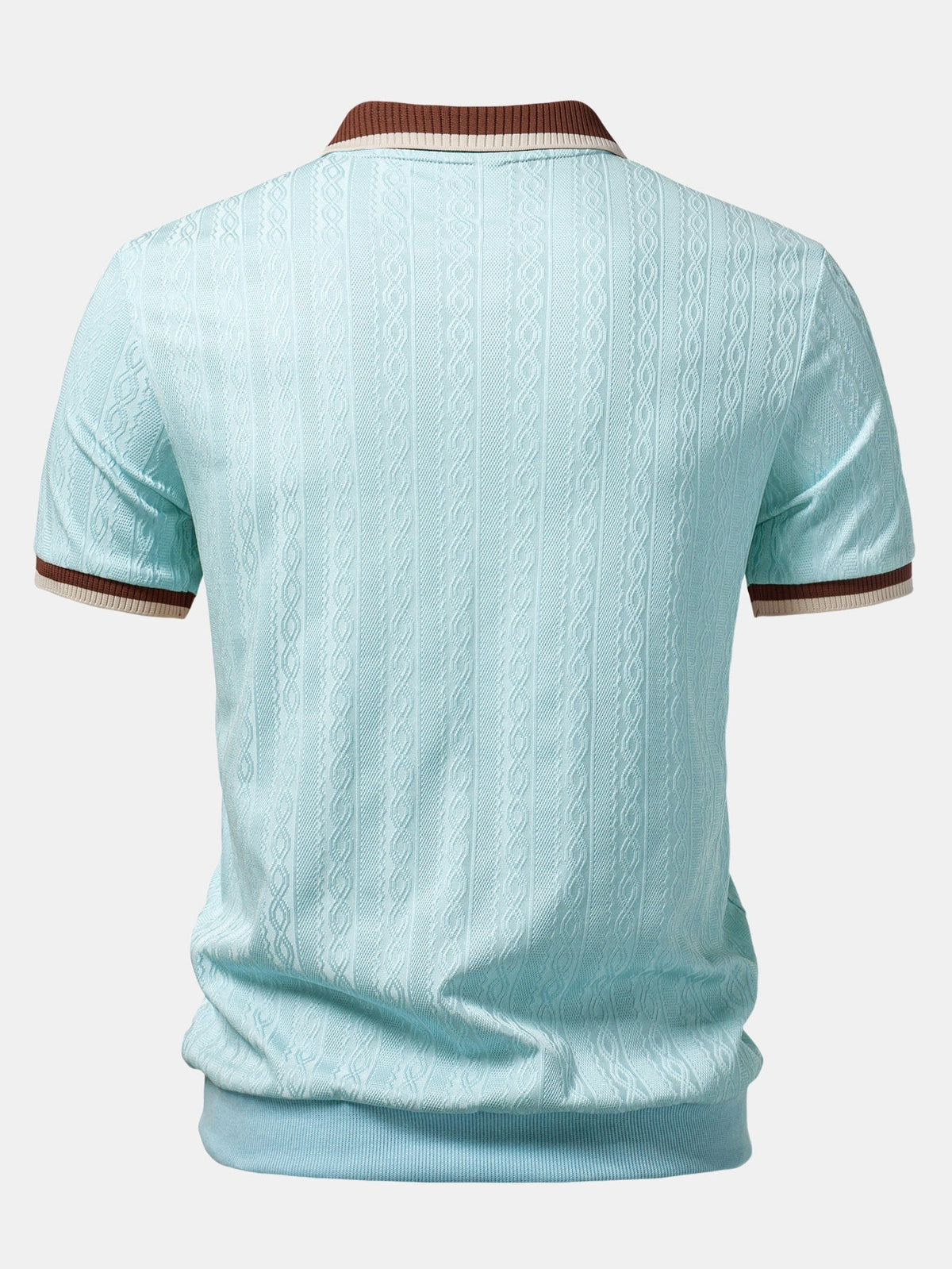 Back view of the pale blue polo, showing the vertical cable texture, ribbed hem and striped sleeve edges. 10