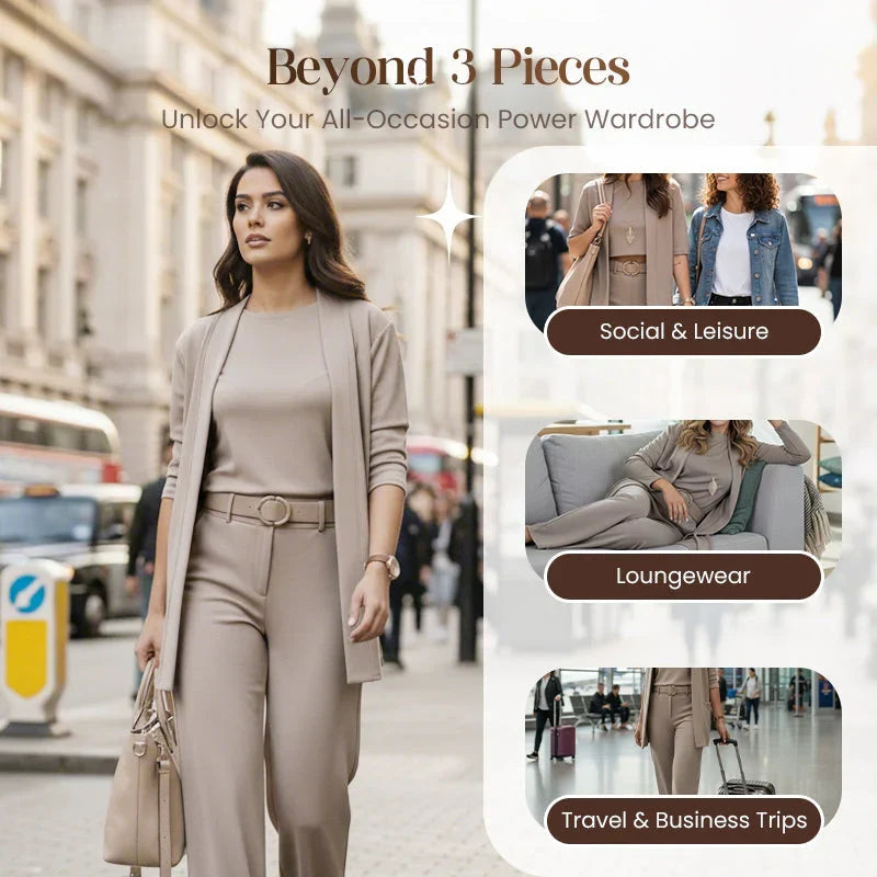 Woman in a taupe three-piece outfit and belt on a city street, with smaller insets showing social, loungewear and travel uses. 2