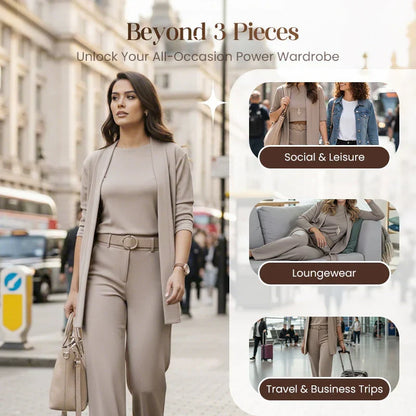 Woman in a taupe three-piece outfit and belt on a city street, with smaller insets showing social, loungewear and travel uses. 2