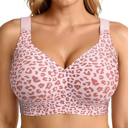 Front view of the bra in a pink leopard print, worn by a model 11