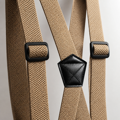 Close-up of tan suspender straps showing the woven elastic texture, two black slide adjusters and the stitched black centre patch. 6
