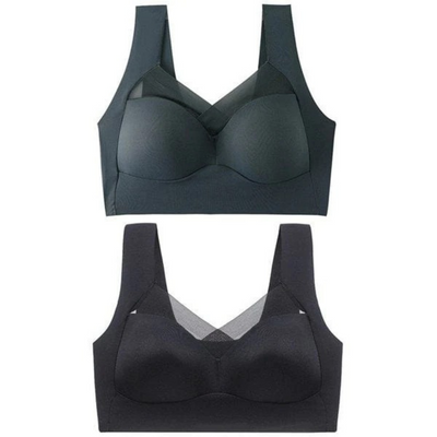Two seamless bras laid out together, one in dark slate above one in black 8