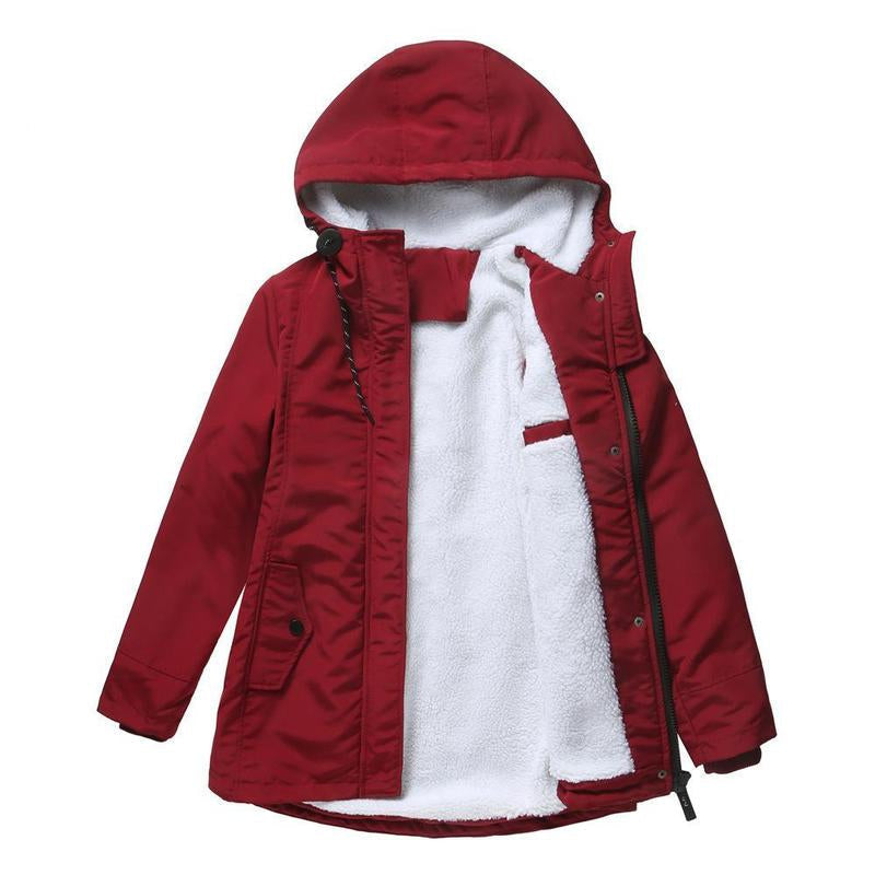 Red parka laid flat and open, showing the soft white fleece lining in the body and hood 3