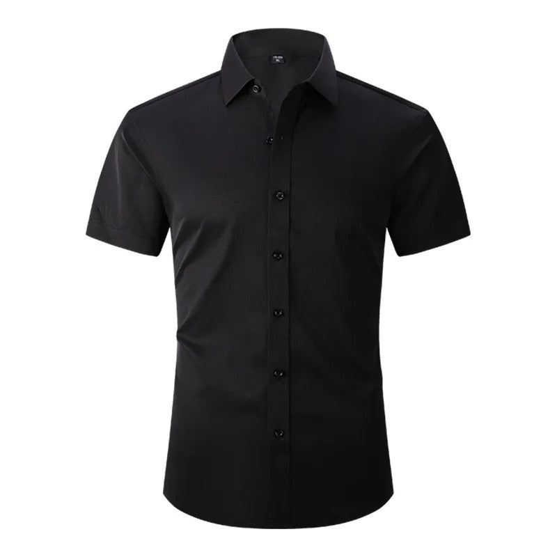 Front view of the shirt in black, with black buttons and a pointed collar 4