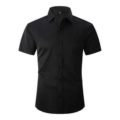 Front view of the shirt in black, with black buttons and a pointed collar 4