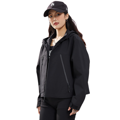 Three-quarter front view of the black jacket worn open, showing the slanted zip pocket and fastened cuff tab. 16