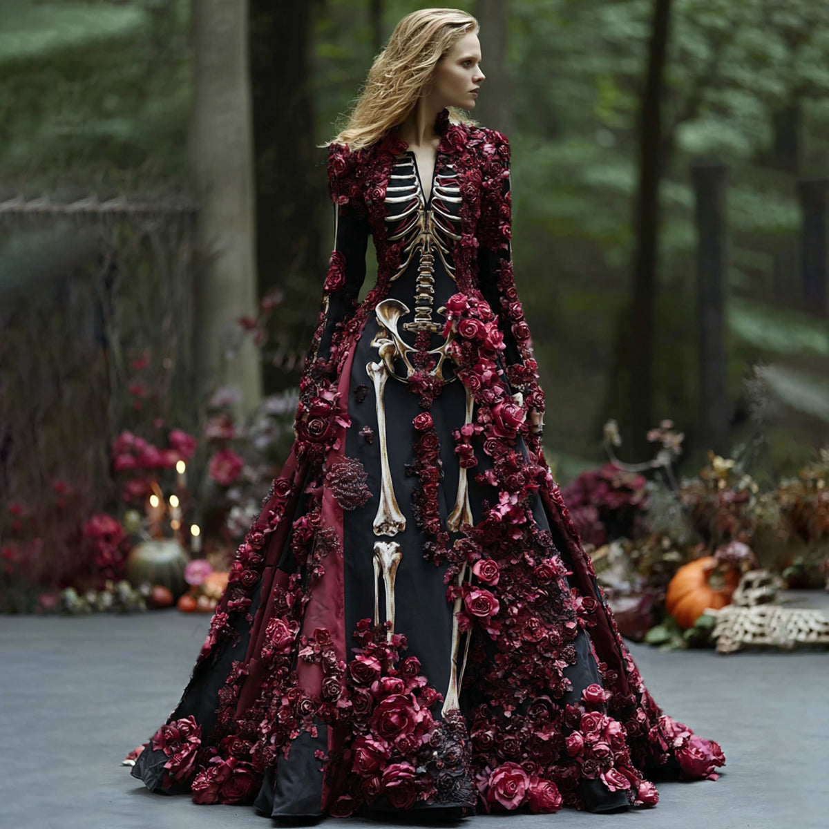 Model wears the skeleton-print maxi dress with deep red three-dimensional roses on the sleeves, bodice and skirt, in a forest with candles and pumpkins. 5