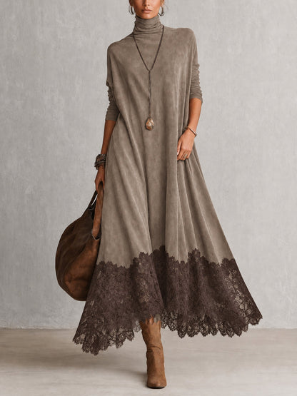 Model wearing the taupe version with a darker brown lace hem and tan boots 3