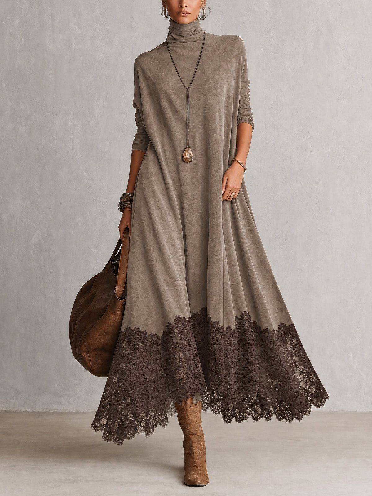 Full-length front view of the taupe version with dark brown lace hem 8