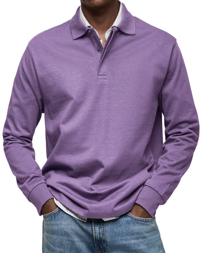 Purple version worn by a model, hands in pockets, striped shirt visible beneath 9