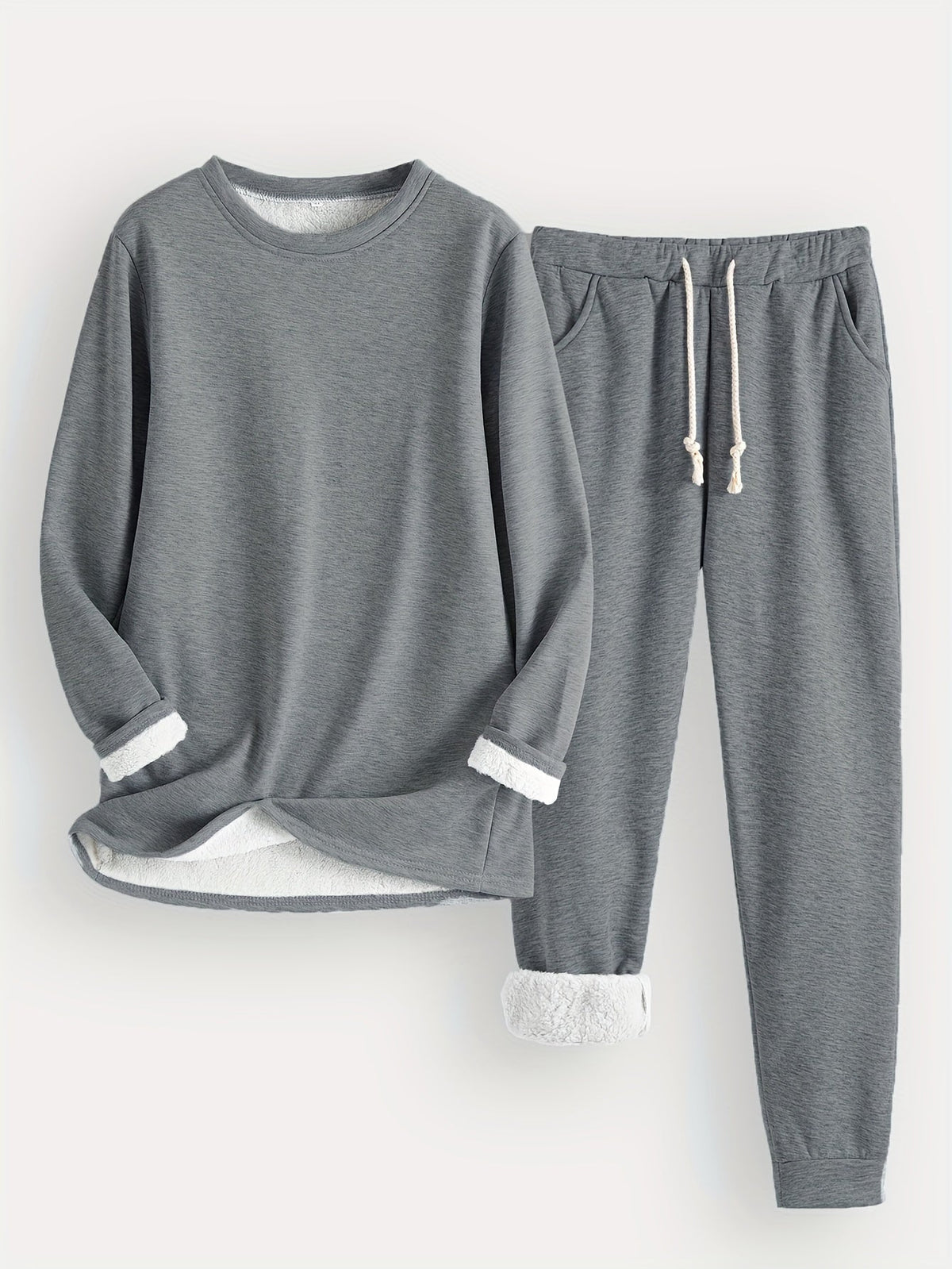 Flat lay of the set in marl grey, with soft white fleece visible inside the cuffs 3