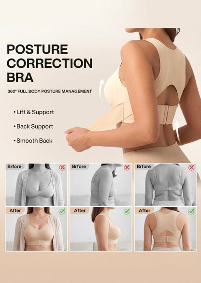 Posture correction graphic with the beige bra's back, plus before-and-after comparison photos from front, side and back 12
